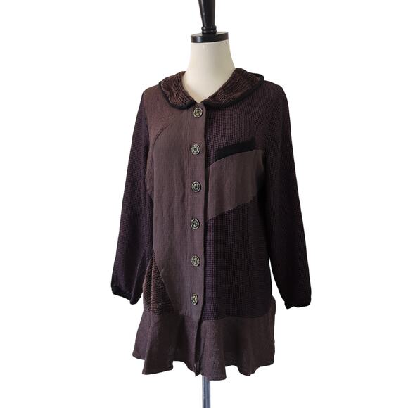 ZOE Sweater Womens Small Oversize Sweatercoat Brown Boho Patchwork Fiber Art - Picture 1 of 9